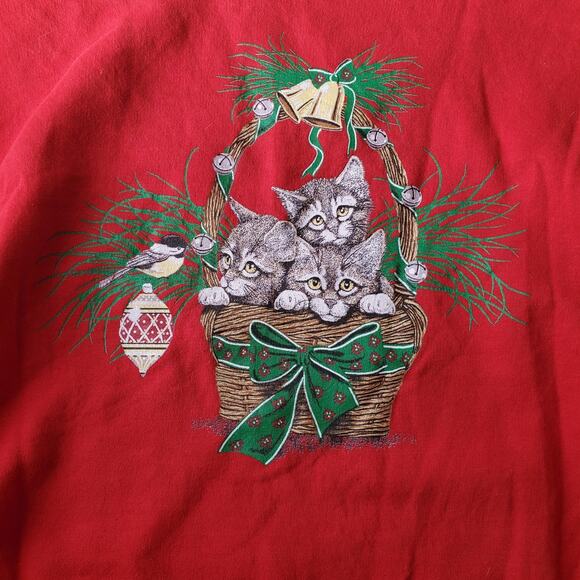 Jerzees Sweatshirt 2XL Red Christmas Cat Basket Graphic Fleece Crewneck - Picture 2 of 8